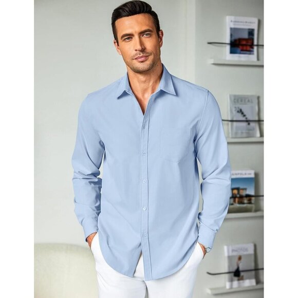 Men's  Blue Casual Long Sleeve Button Down Dress Shirt  Muscle Fit Wrinkle - Picture 2 of 6